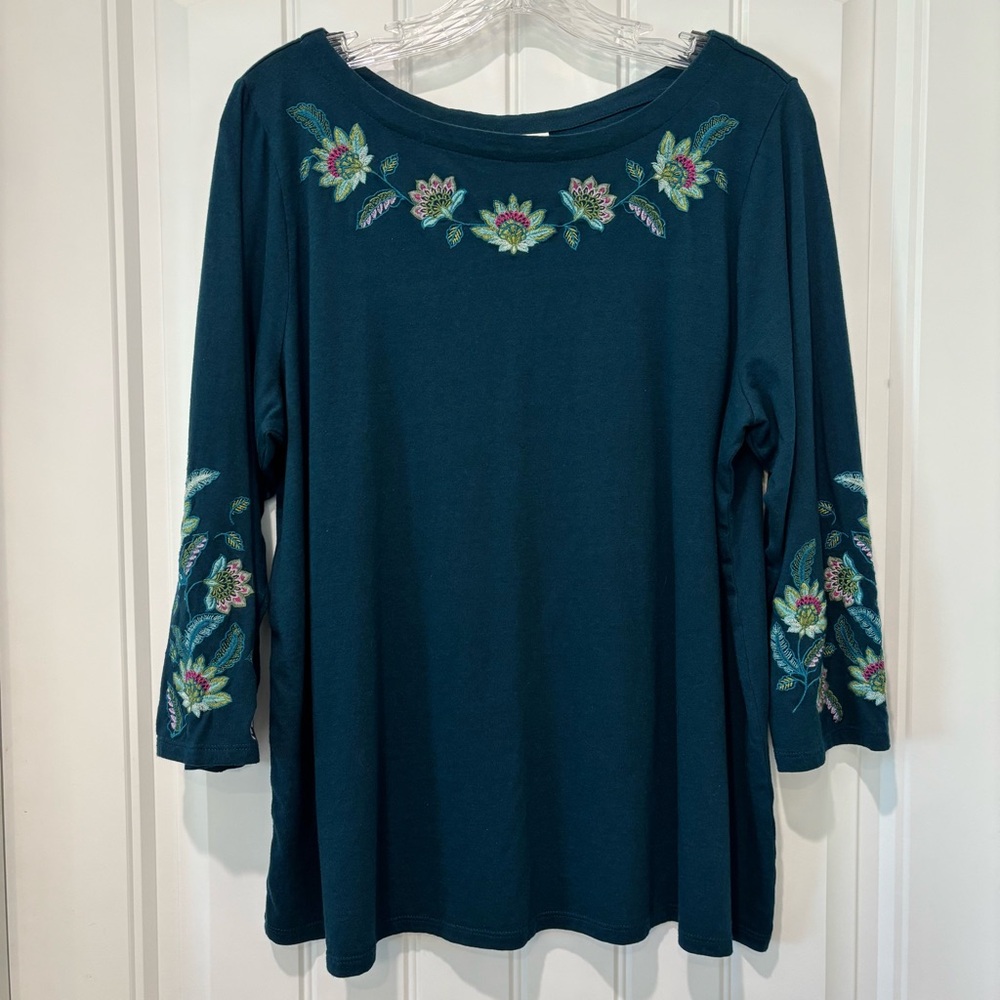 J. Jill Women’s Teal Floral Embroidered Three-Quarters-Sleeved Top - Size L